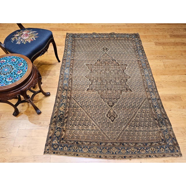 Antique Senneh Area Rug, Hand-Knotted Wool, Paisley Medallion Pattern, Chocolate Brown & Light Blue, 4x7 For Sale - Image 4 of 13