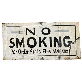Vintage 1940s Hand-Lettered Painted Black on White Enamel No Smoking Sign For Sale