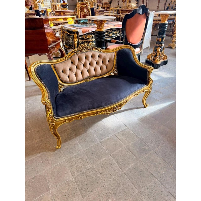 Vintage Rococo Loveseat Black & Beige Velvet 55W For Sale In Orlando - Image 6 of 10