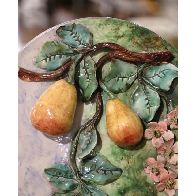 French 19th Century French Barbotine Faience Pear Wall Plate Longchamp For Sale - Image 3 of 12