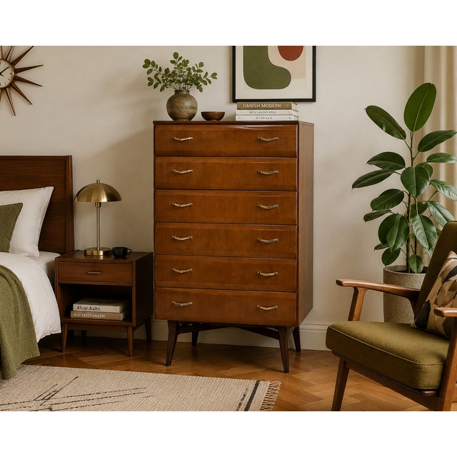 A mid-century Meredew tallboy chest crafted in walnut veneer and dating to the early 1960s. Featuring six spacious drawers...