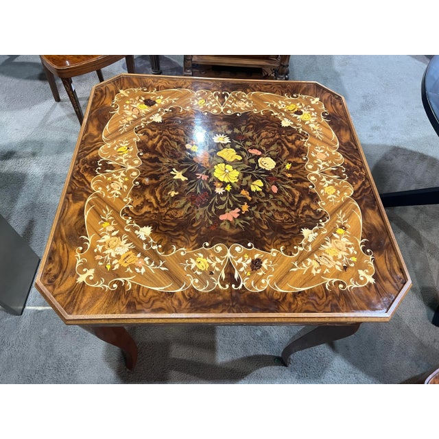 Italian Brown Italian Marquetry Floral Poker Table Set of 7 For Sale - Image 3 of 12