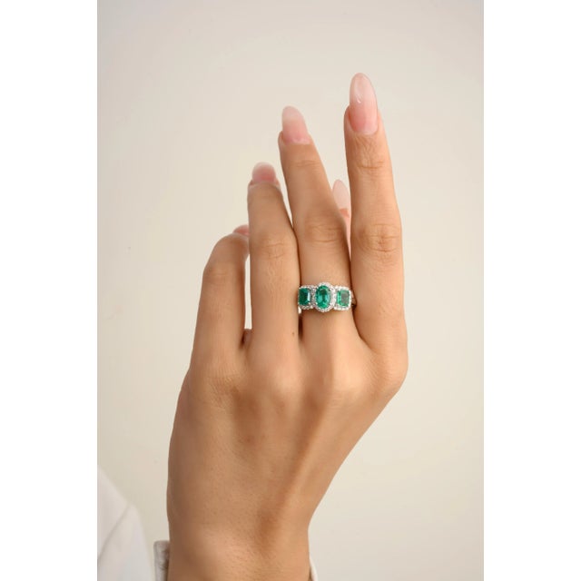 Natural Three Stone Emerald Halo Diamond Wedding Ring Size 7 in 14k White Gold For Sale In New York - Image 6 of 13