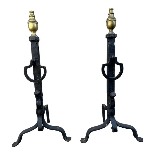 18th Century Brass and Forged Iron Andirons - a Pair For Sale