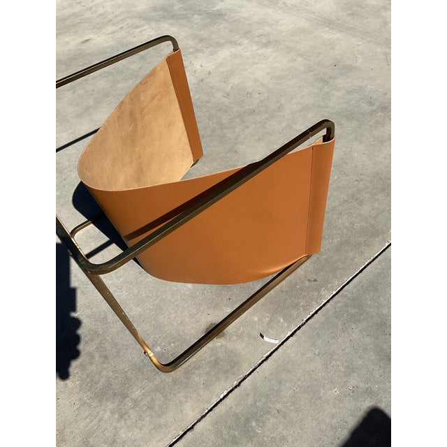 Metal Contemporary Saddle Leather & Brass Magazine Rack / Firewood Holder For Sale - Image 7 of 8