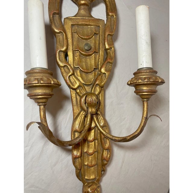 Vintage Ornate Century Italian Hand Carved Gilt Wooden Iron Wall Sconce Fixture For Sale - Image 10 of 15