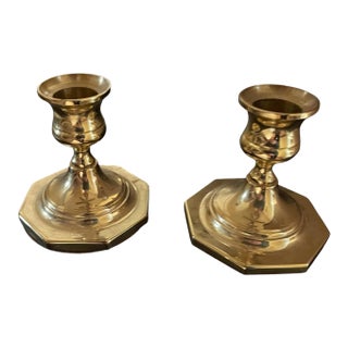 2 Vintage Midcentury Baldwin Polished Brass Candlesticks/Holders Octagon Base 3.5" For Sale