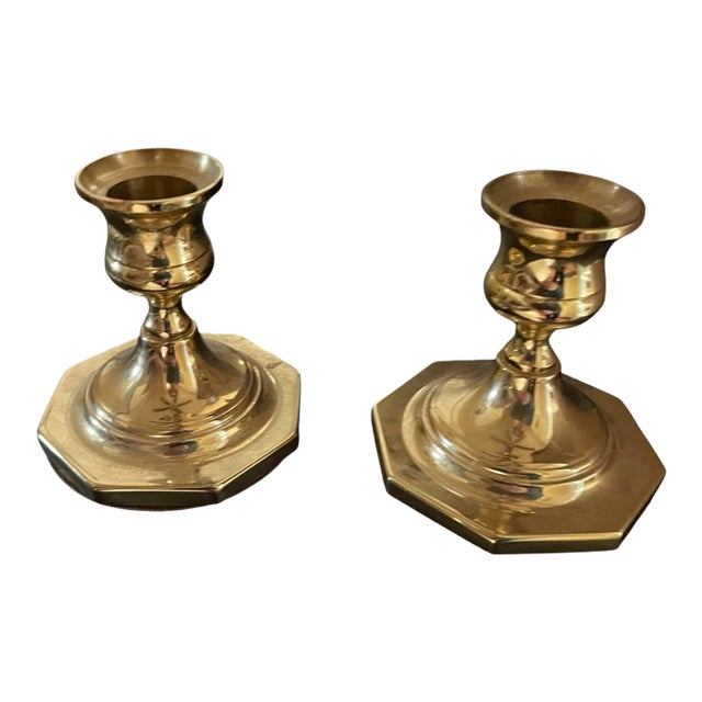 2 Vintage Midcentury Baldwin Polished Brass Candlesticks/Holders Octagon Base 3.5" For Sale