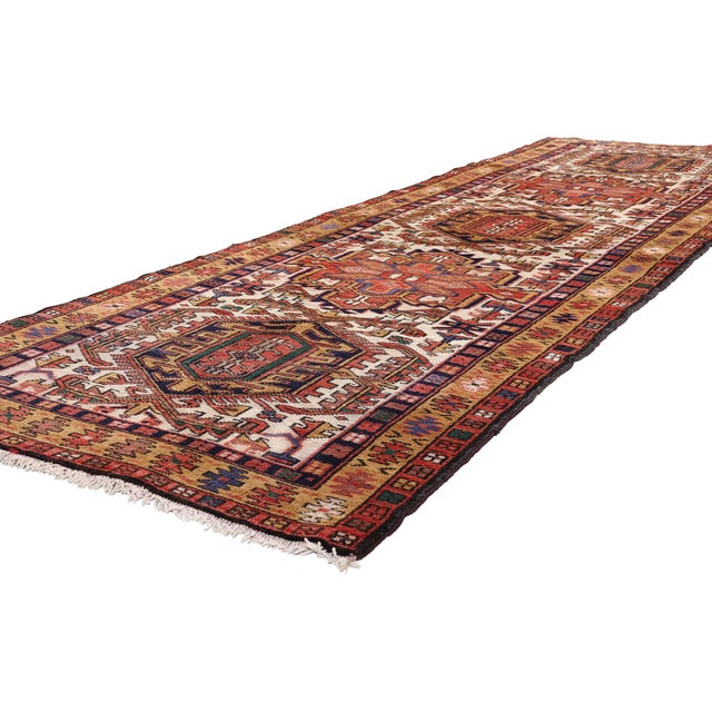 61488 Vintage Persian Heriz Rug Runner, 03'04 x 10'05. The Sentinel Corridor: A Vintage Persian Heriz Masterwork of Tribal...