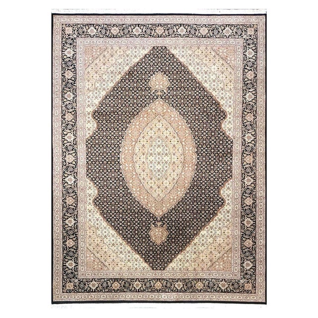 Vintage Sino-Persian Tabriz Mahi Wool 9x12 Black & Ivory Handmade Area Rug #1144253 For Sale