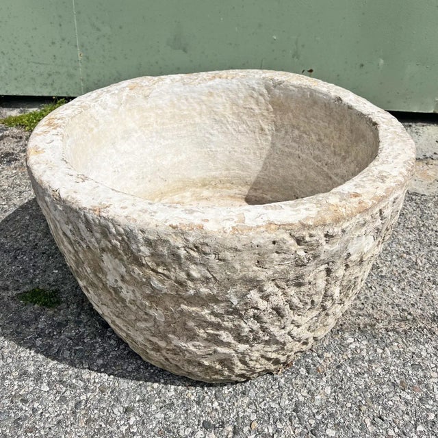 Old vintage solid stone large round bowl from India. Rustic rough texture. Wonderful for outdoor or indoor use / display....