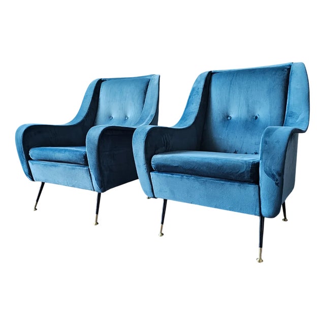 Mid-Century Armchairs in Blue Velvet, Italy, 1950s, Set of 2 For Sale