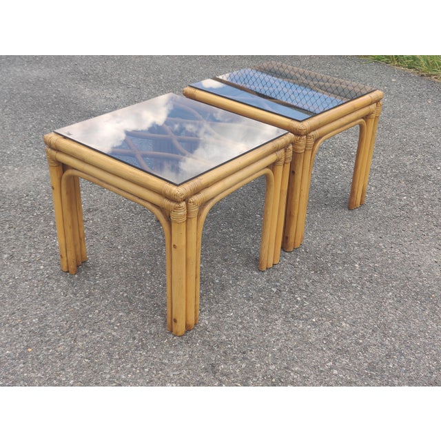 Vintage Boho Bamboo Rattan Table Set- Set of Three For Sale - Image 9 of 12
