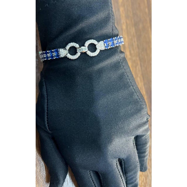 Blue Sapphire Tennis Line Diamond Pave Statement Unique 14k White Gold Bracelet For Sale - Image 11 of 12