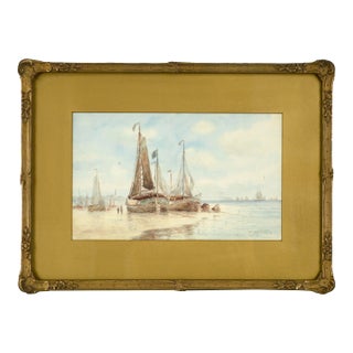 Sailboats in the Harbor, Early 20th Century Figurative Landscape Watercolor by Frederick Leo Hunter For Sale