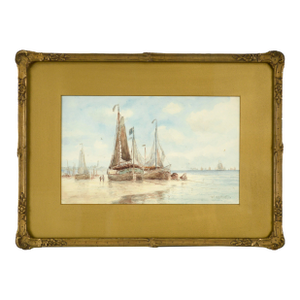 Sailboats in the Harbor, Early 20th Century Figurative Landscape Watercolor by Frederick Leo Hunter