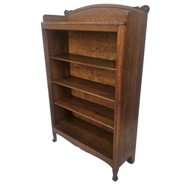 Wood Antique Mission Quarter Sawn Tiger Oak Narrow Open Bookcase With Birdseye Maple Back, c.1900 For Sale - Image 7 of 18