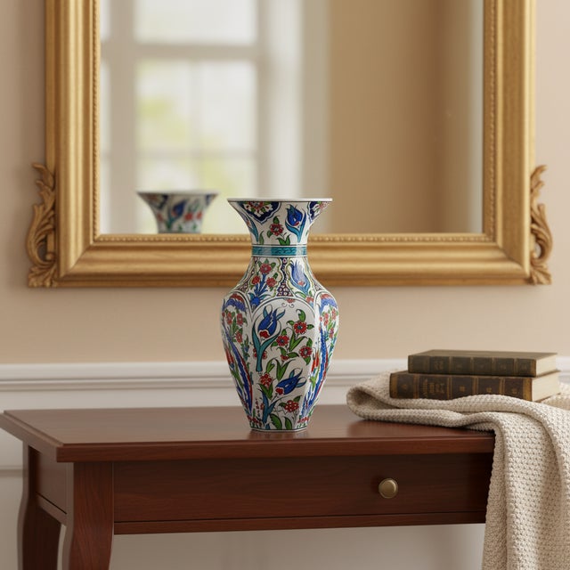 Handmade Ceramic Hexagonal Vase (25cm) – Ottoman “Saz” Style Leaves – Faceted Body & Turquoise Accents For Sale - Image 6 of 8