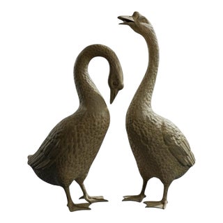 1990s Impressive Patinated Bronze Pair of Waterfowl Garden Fountain For Sale