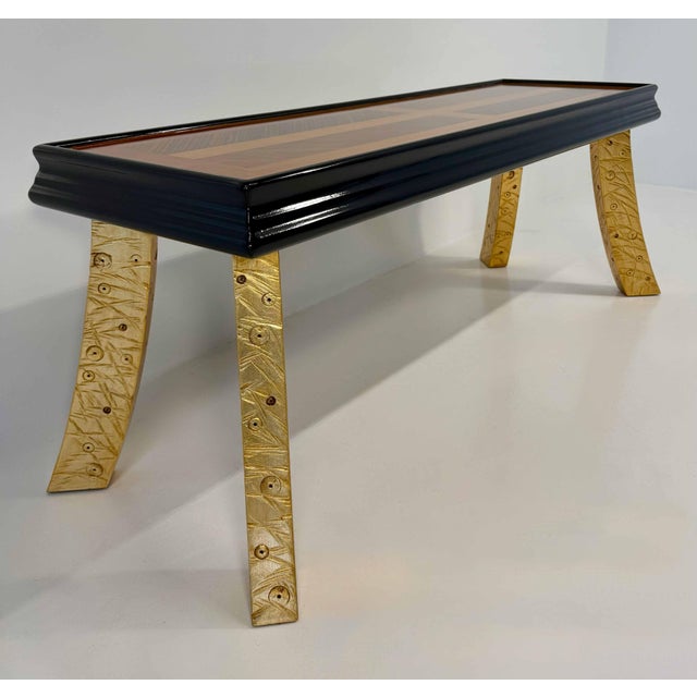 1980s Italian Art Deco Bench with Zebrawood and Cherrywood Inlays and Gold Leaf Legs, 1980s For Sale - Image 5 of 13