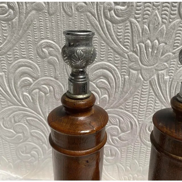 English Antique 1890's Oak English Candlesticks Silver Leaf Tops- a Pair For Sale - Image 3 of 11