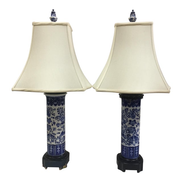 Antique Blue & White Porcelain Table Lamps - A Pair | Chairish
