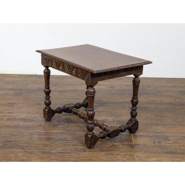 French 19th Century Walnut Side Table with Carved Apron and H-Form Stretcher For Sale - Image 10 of 12