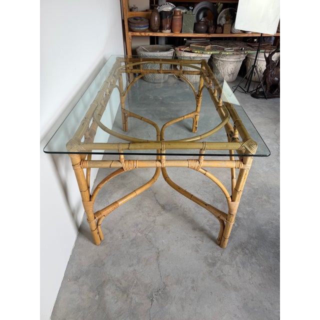 Wood Vintage Dal Vera Italian Rattan & Bamboo Rectangular Dining Table With Glass Top For Sale - Image 7 of 16