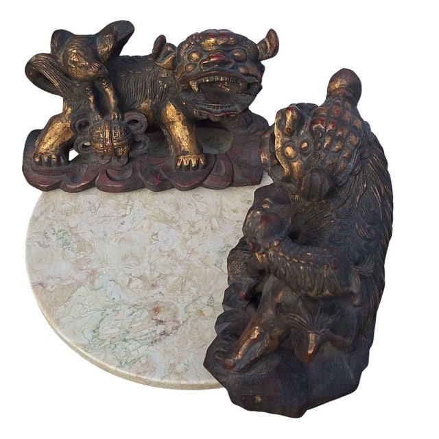 Antique Hand-Carved Chinese Guardian Lions or Foo Dogs - a Pair For Sale - Image 11 of 11