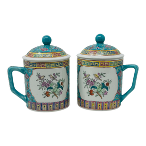 Vintage Chinese Porcelain Mugs With Lids Hand-Painted Famille Rose Teacups Made in China - a Pair