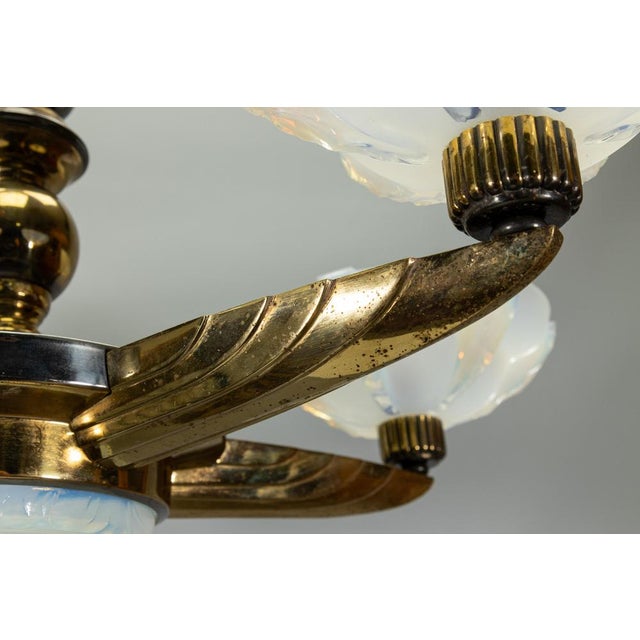 Art Deco Bronze and Opalescent Glass Six-Light Chandelier attributed to Ezan, France For Sale - Image 15 of 18