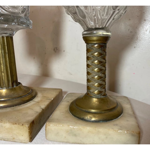 Metal Lot of 3 Rare Antique 19th Century Bullseye Glass Brass Marble Whale Oil Lamp For Sale - Image 7 of 14