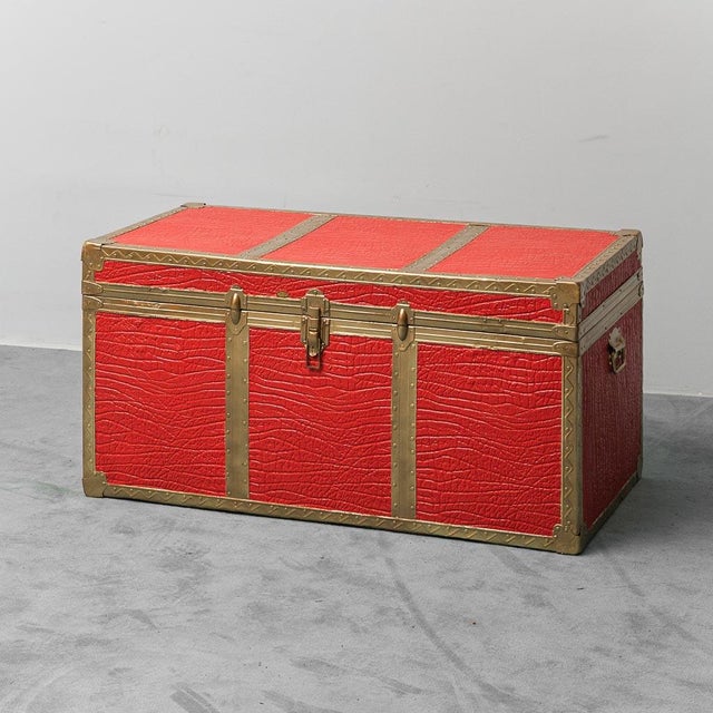 Gold-Plated Metal and Red Leather Trunk, 1950s For Sale - Image 12 of 12