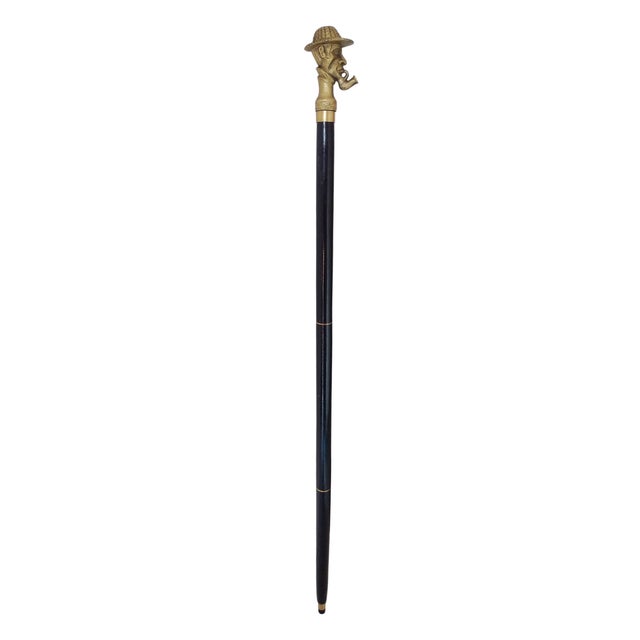 Traditional Antique Black Wooden Folding Walking Stick Cane With Sherlock Holmes Head Handle For Sale - Image 3 of 8