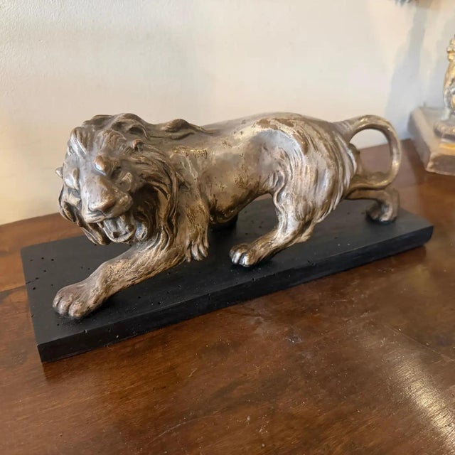 A 1940s Art Deco Silver Plate on Copper Italian Sculpture of a Roaring Lion For Sale - Image 14 of 16