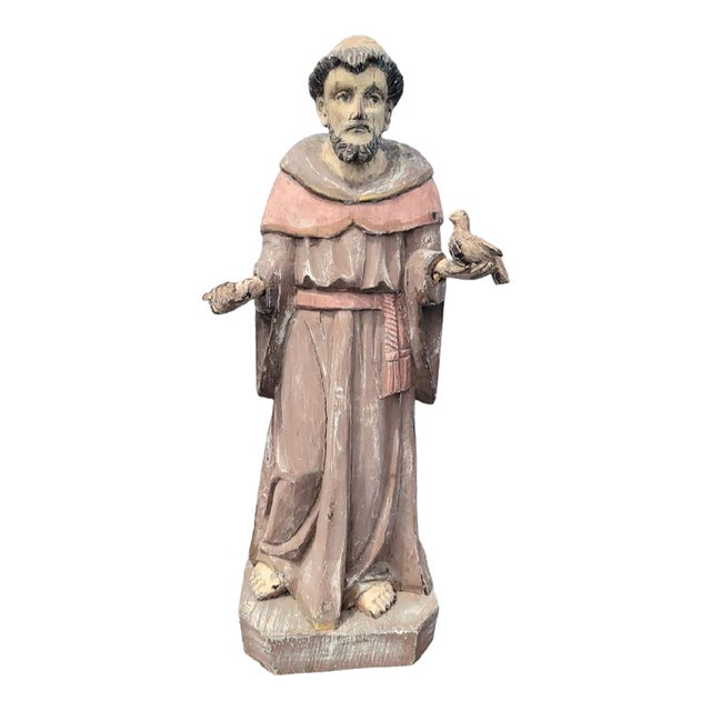 Vintage Highly Distressed Solid Carved Wood Large St Francis of Assisi Statue For Sale