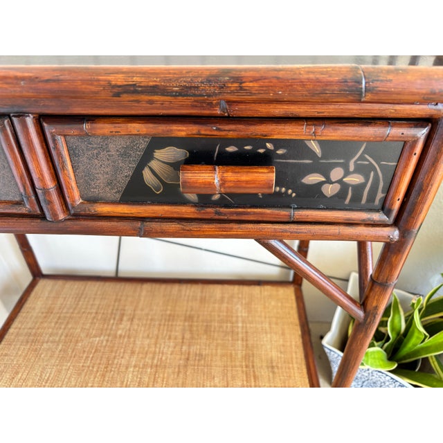 Late 20th Century Late 20th Century Palecek Attributed Entry Table/ Dry Bar in a Stunning Tortoise Shell Burnt Rattan Finish. For Sale - Image 5 of 8
