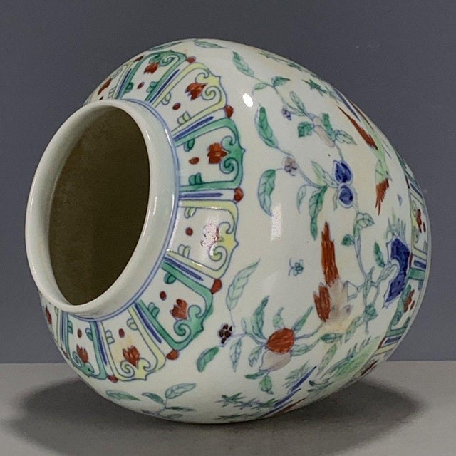 Ceramic Chinese Doucai Porcelain Covered Jar With Bird & Floral Motif For Sale - Image 7 of 9