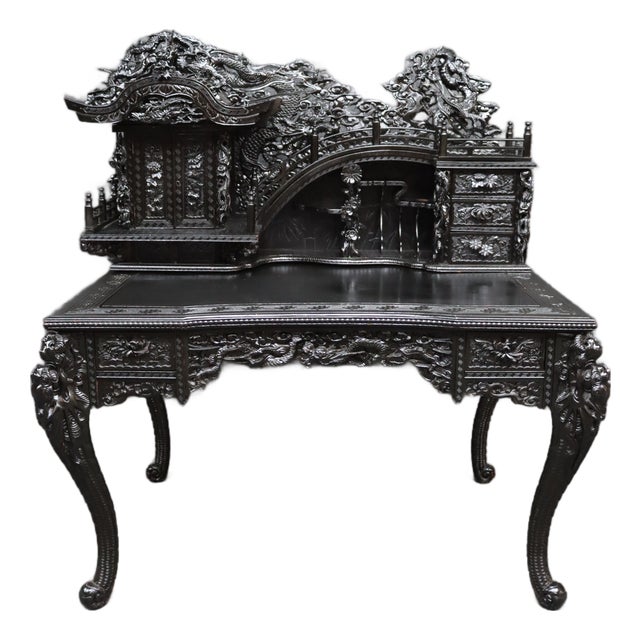Highly Carved Chinese Dragon Black Lacquer Writing Desk / Secretary Desk For Sale
