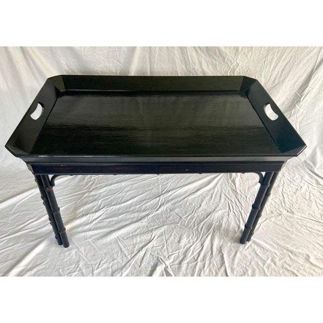 Mid 20th Century Vintage Baker Furniture Faux Bamboo With Fretwork Asian Chinoiserie Tray Table For Sale - Image 5 of 11