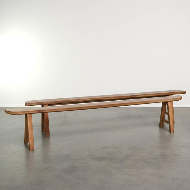 Antique French Wooden Farmhouse Benches, Set of 2 For Sale - Image 14 of 14