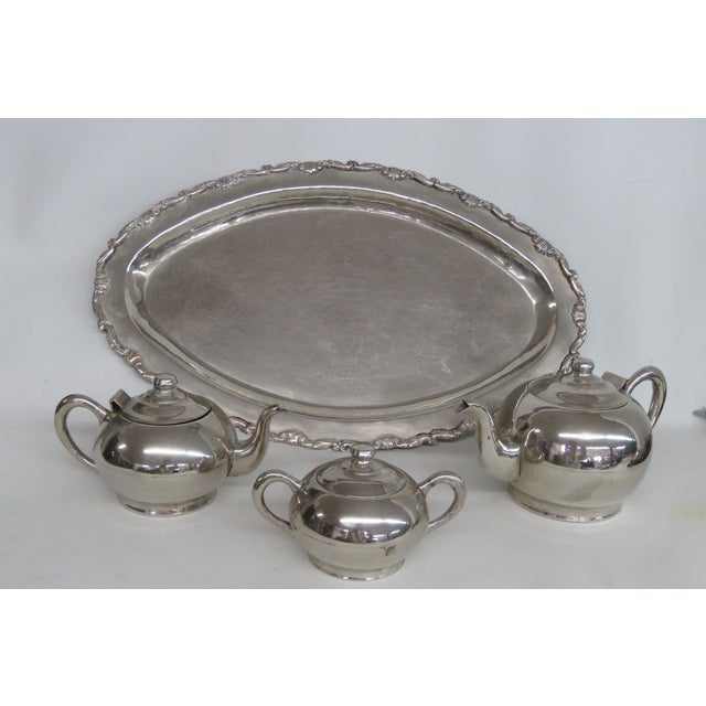 Early 20th Century Art Deco Silver Plated Tea Tray Set With 2 Teapots and Lidded Sugar Bowl 4989b For Sale - Image 5 of 9