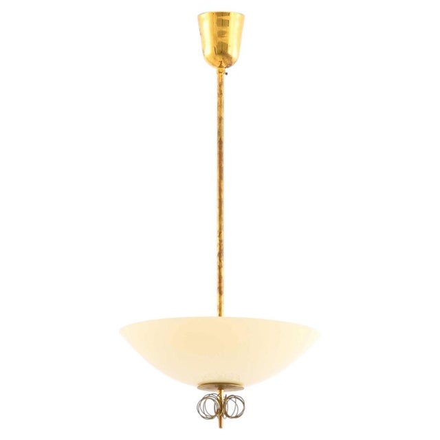 Cream Brass and Glass Ceiling Lamp by Paavo Tynell for Taito Oy, 1950s For Sale - Image 8 of 8