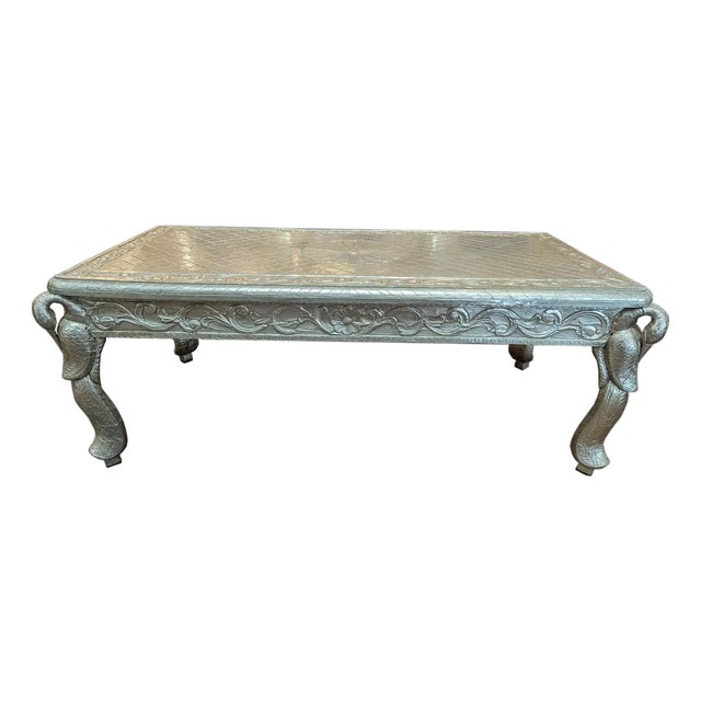Mid 20th Century Luxury Hand Carved German Silver Coffee Table | Ornate Peacock Maharaja Center Table | Large Embossed Metal Wood Furniture For Sale