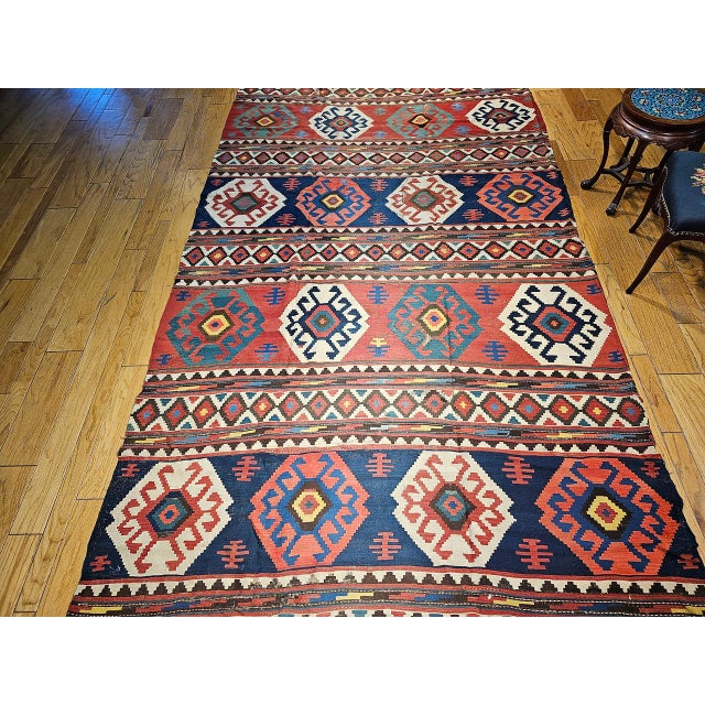 19th Century Caucasian Kazak Kilim, Geometric Pattern, Wool Flatweave, Blue & Green, 7' X 12' For Sale In Chicago - Image 6 of 18