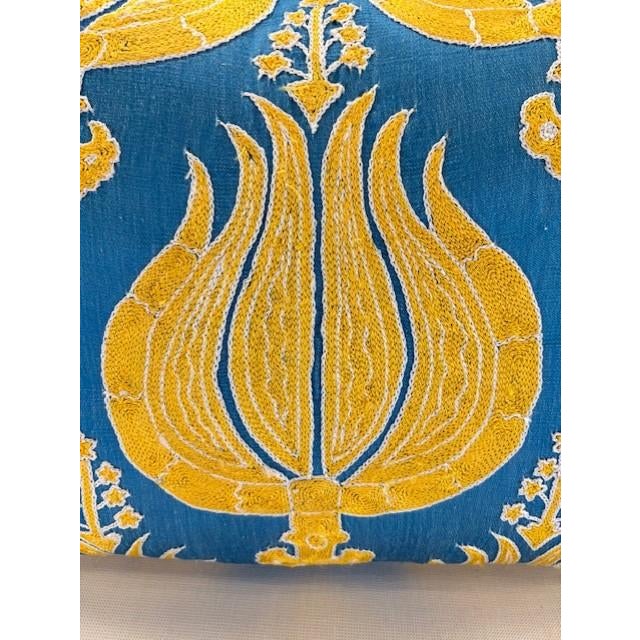 Boho Chic Blue and Yellow Silk Pillow For Sale - Image 3 of 4
