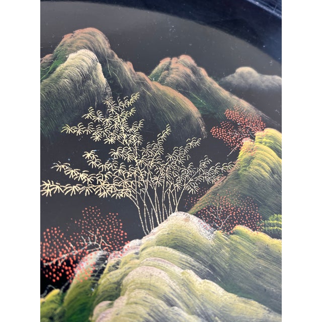 1960s Vintage Hand-Painted Lacquer on Wood Chinoiserie Landscape Tray For Sale - Image 10 of 11
