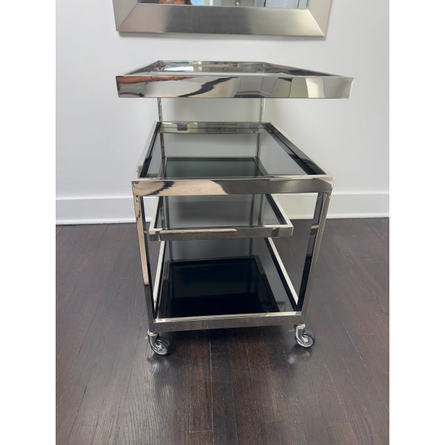 Metal Contemporary Single Greek Key Polished Steel Bar Cart For Sale - Image 7 of 12
