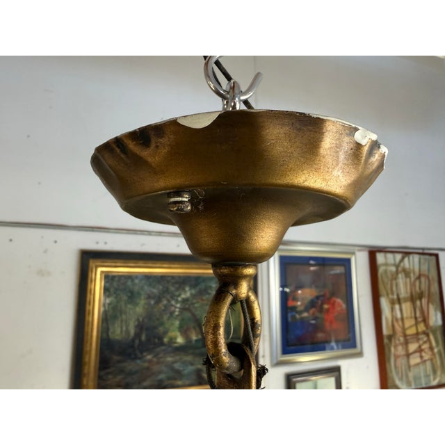 Gothic Revival Style Gilt Metal + Amber Glass Lantern Pendant, Vintage For Sale - Image 12 of 12