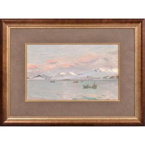 Eduards Kalnins, Landscape with Boats, Oil on Board, 20th Century For Sale - Image 4 of 4